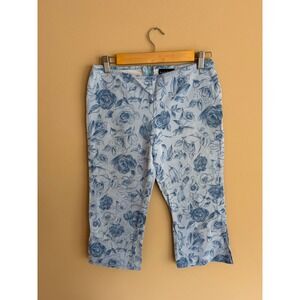 Y2K Tom Tom Blue Floral Rose Print Cropped Capri Pants Vintage Size 6